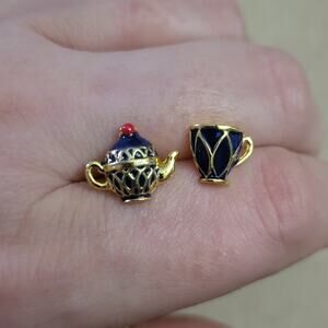 Adorable tea cup and kettle blue and gold enamel earrings
